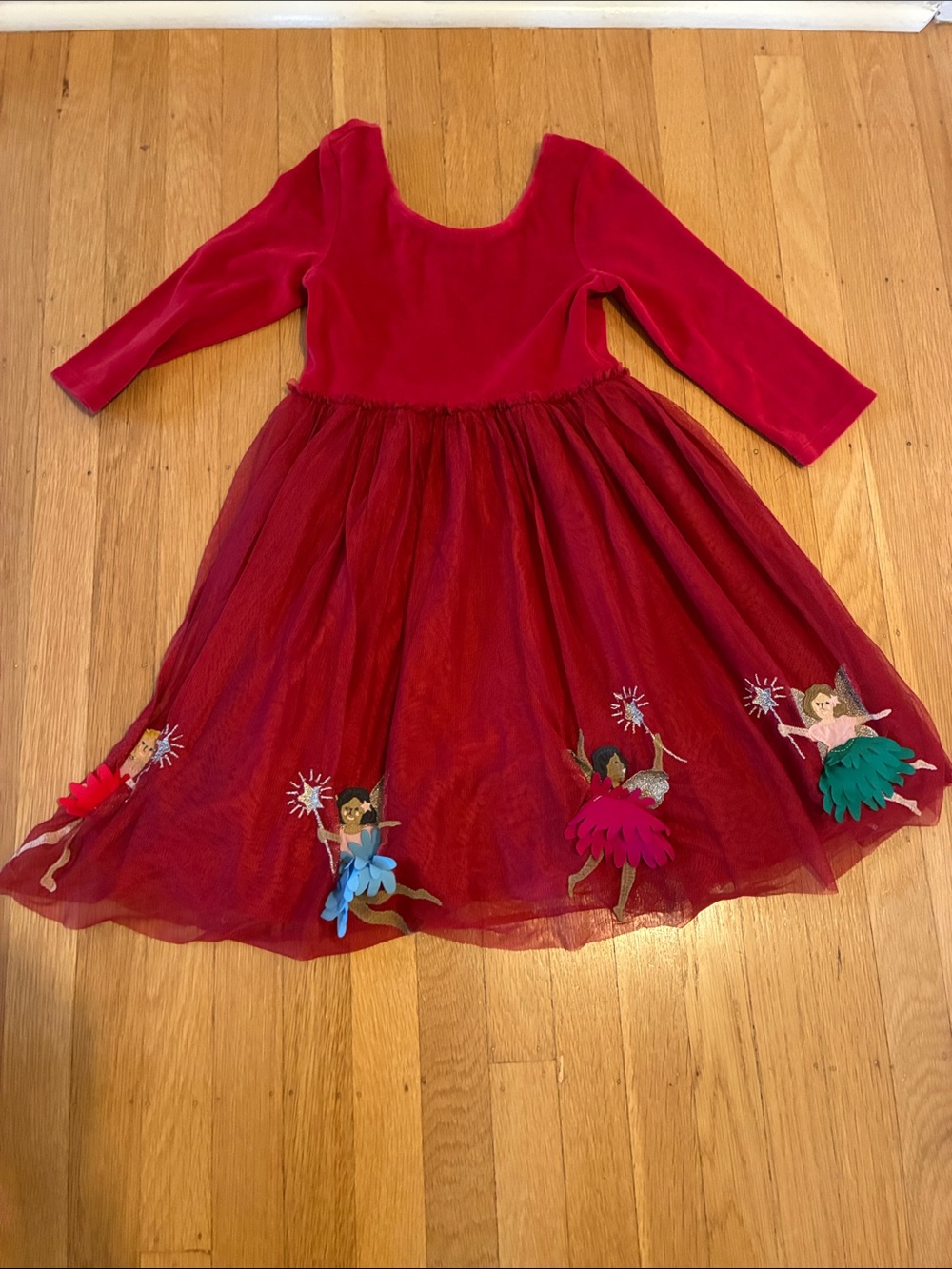 Mini Boden Red Fairy Tulle Dress with Embroidered Fairies